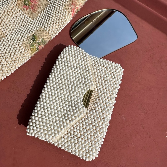 Vintage 1950’s Lumured Corde Petite Beaded Evening Purse IvoryFloral Embroidered - Picture 3 of 6